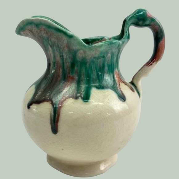 Unbranded Other - Vintage Drip Glaze Earthenware Pitcher Cream Green Burgundy Rustic Farmhouse